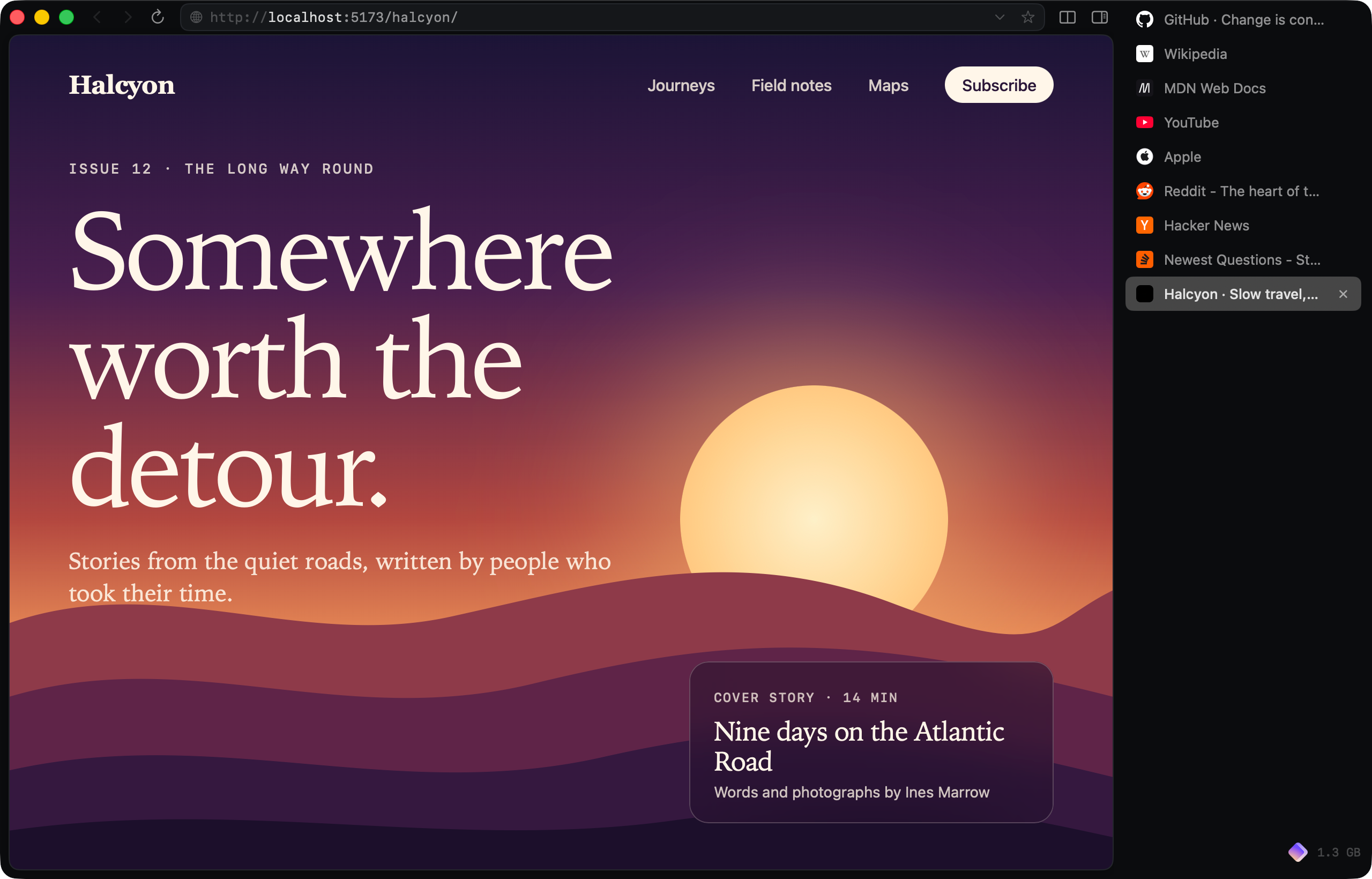 Tern showing a travel magazine page, with the address bar across the top and vertical tabs on the right.