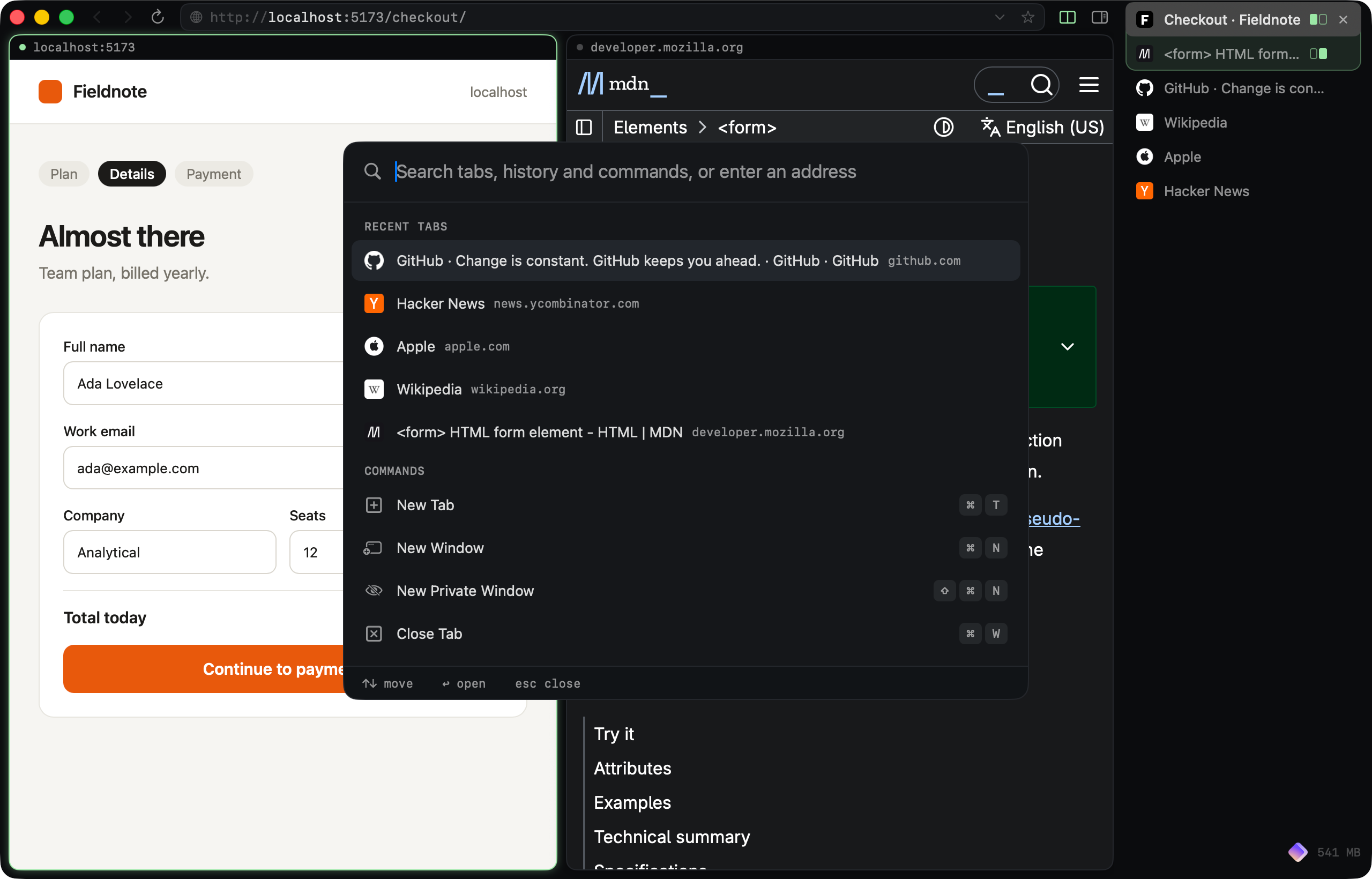 The Tern command palette open, listing recent tabs and commands with their shortcuts.